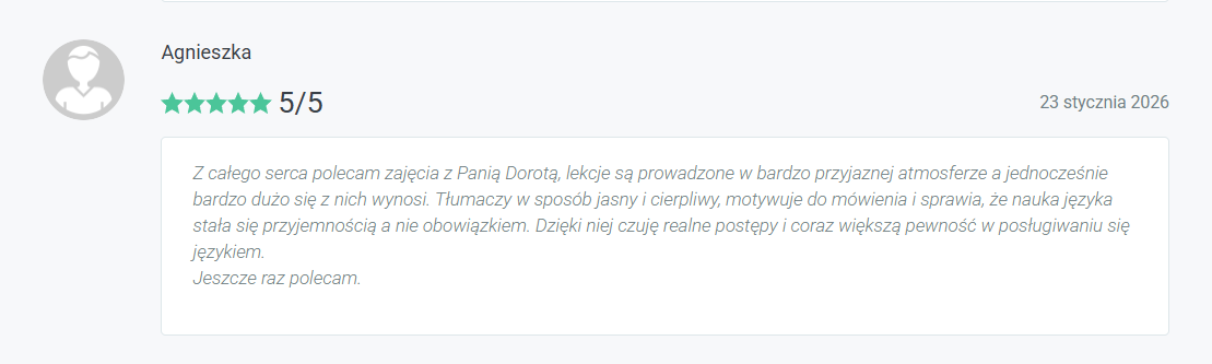 Opinia rodzica (Agnieszka, 23 stycznia 2026) o lektorce Dorocie z portalu e-korepetycje.net — zrzut ekranu