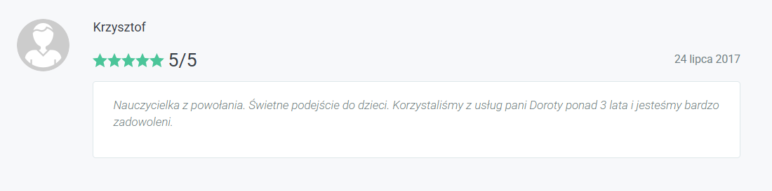 Opinia rodzica (Krzysztof, 24 lipca 2017) o lektorce Dorocie z portalu e-korepetycje.net — zrzut ekranu