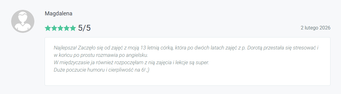 Opinia rodzica (Magdalena, 2 lutego 2026) o lektorce Dorocie z portalu e-korepetycje.net — zrzut ekranu